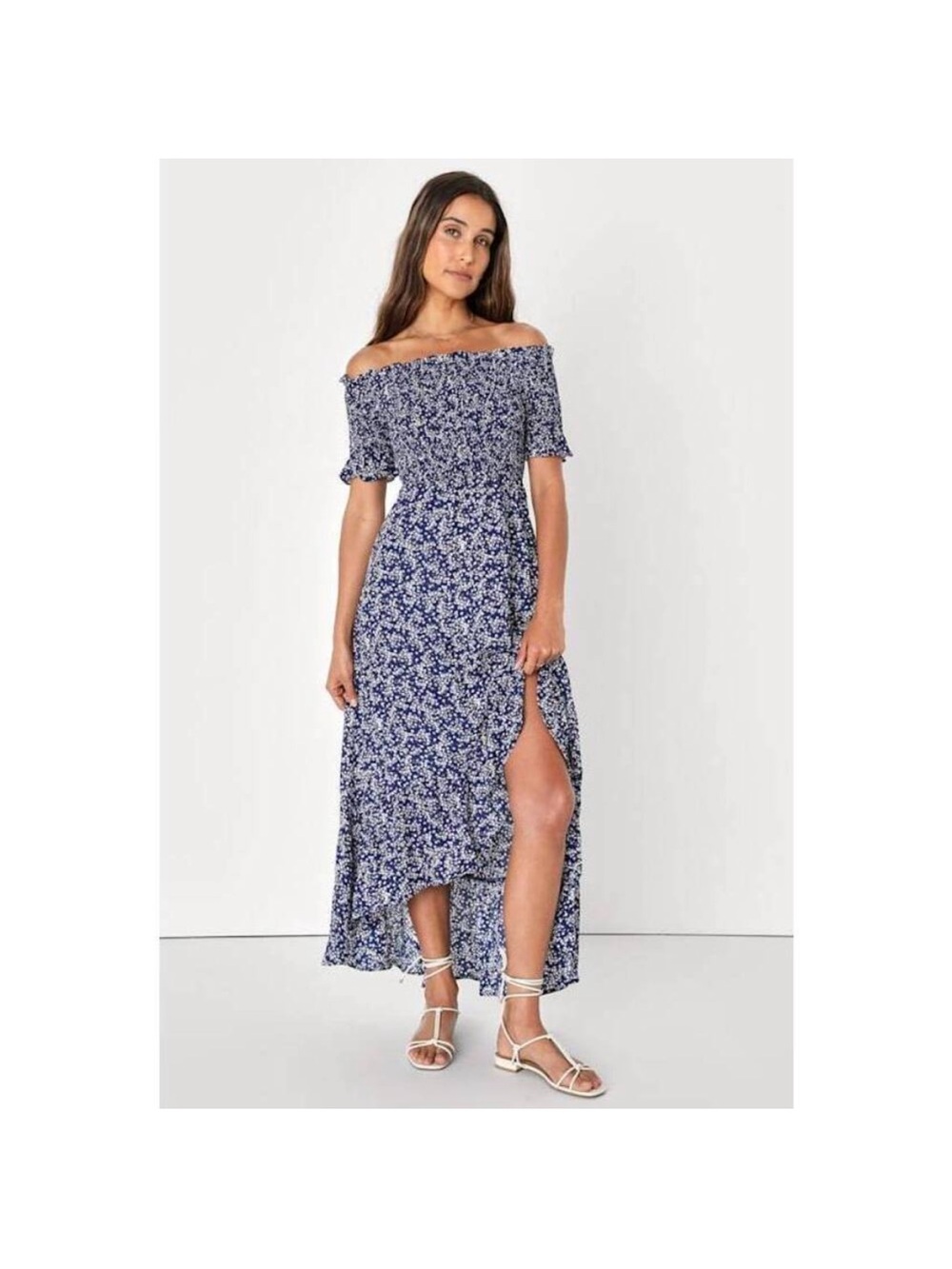 Lulu's Navy Floral Smocked Off-Shoulder Maxi Dress